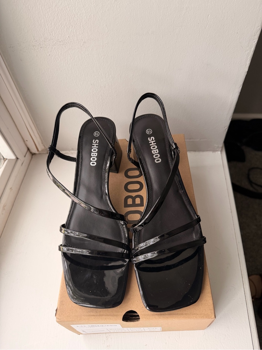 HOBO Black Patent Strappy Square Toe Slingback Heels